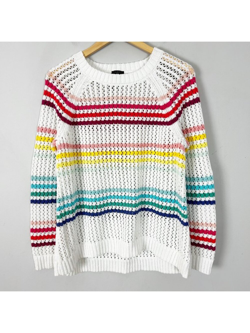 Talbots Open Knit Crochet Sweater White w/ Colorful Striped Size XL Petite Women